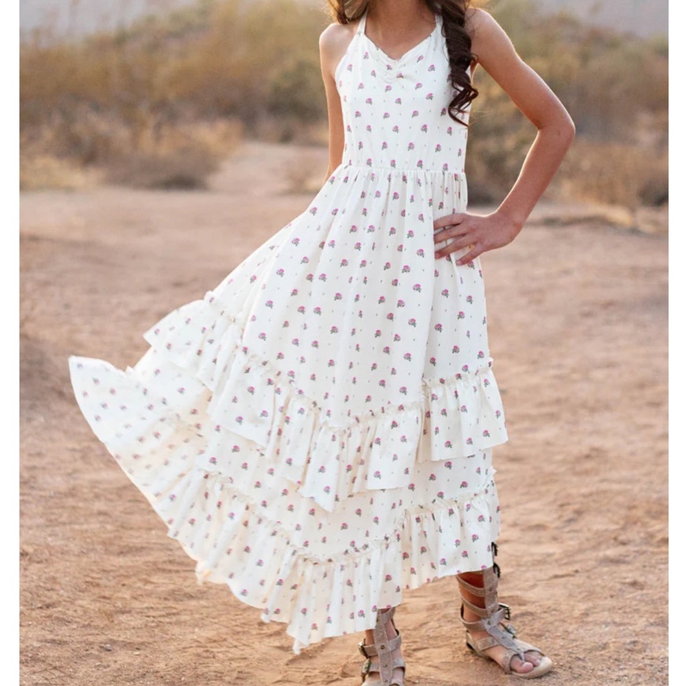 Joyfolie Girls Dress Size 7 Halter Sleeveless Ruffle Jenny Floral Dot Maxi A1